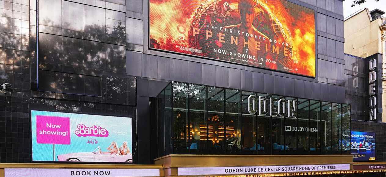 A cinema featuring of The Barbie movie and Oppenheimer